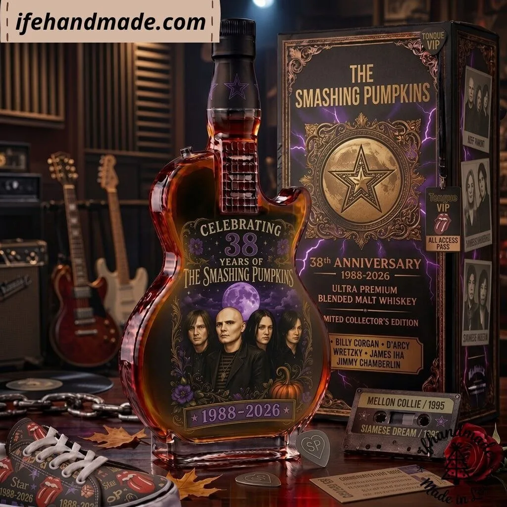 The Smashing Pumpkins 38th Anniversary Guitar Shaped Decanter Whiskey Bottle (No Box) – Commemorative Rock Band Bottle Set