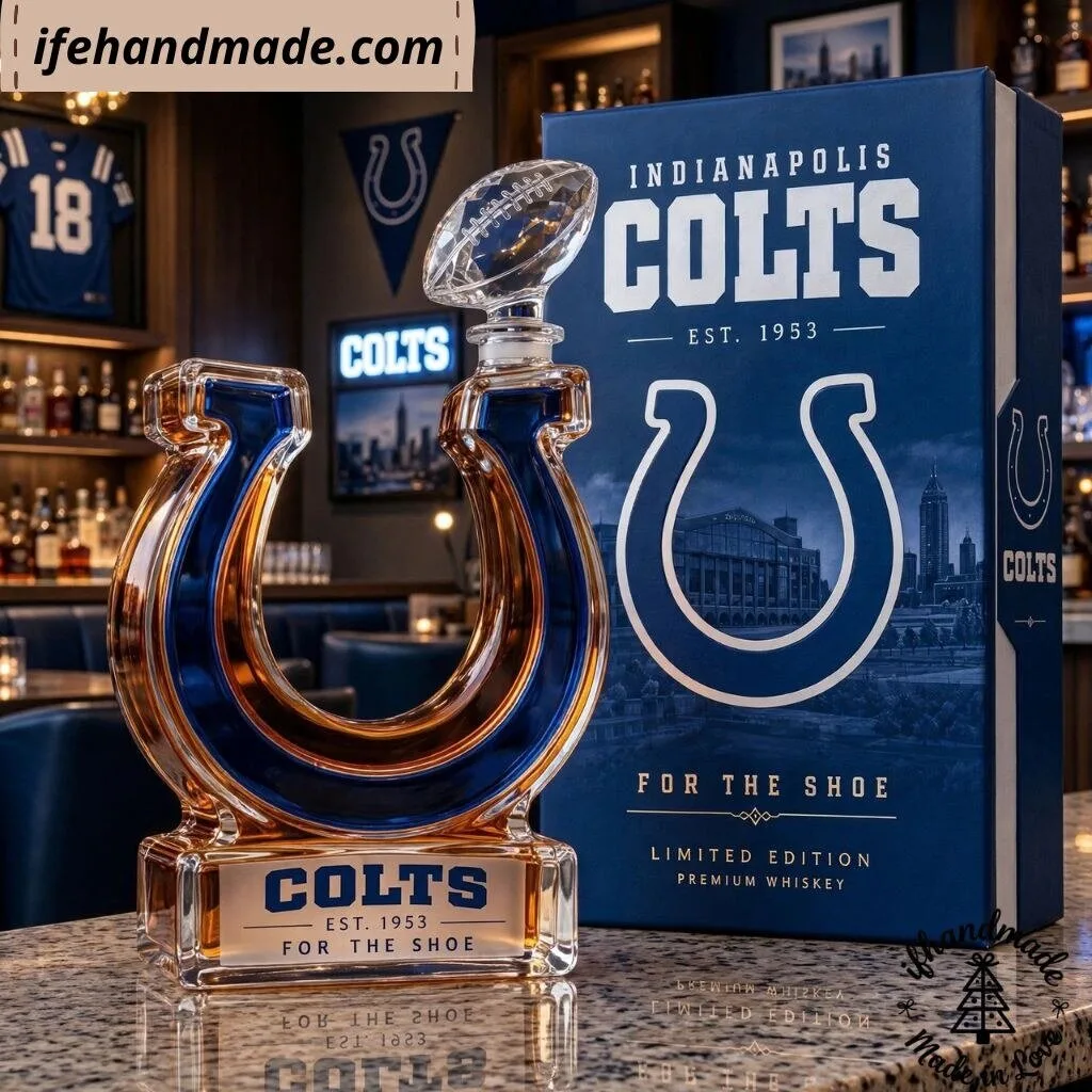 Indianapolis Colts Horseshoe Crystal Whiskey Decanter – NFL Team Logo Liquor Bottle (No Box)