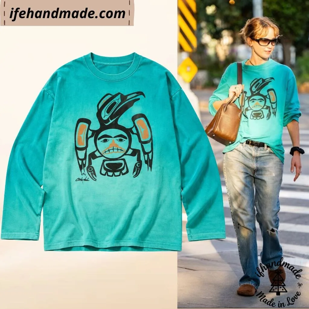 Jennifer Lawrence 2026 Haida Tlingit Native Raven Totem Long Sleeve Shirt