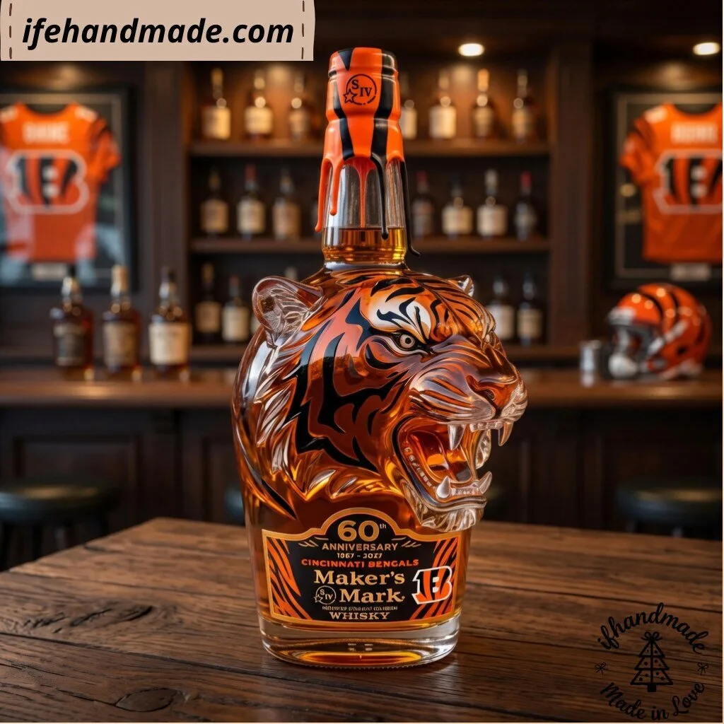 Cincinnati Bengals Maker's Mark 60th Anniversary Tiger Head Glass Whiskey Decanter Bottle 10 Cincinnati Bengals Maker