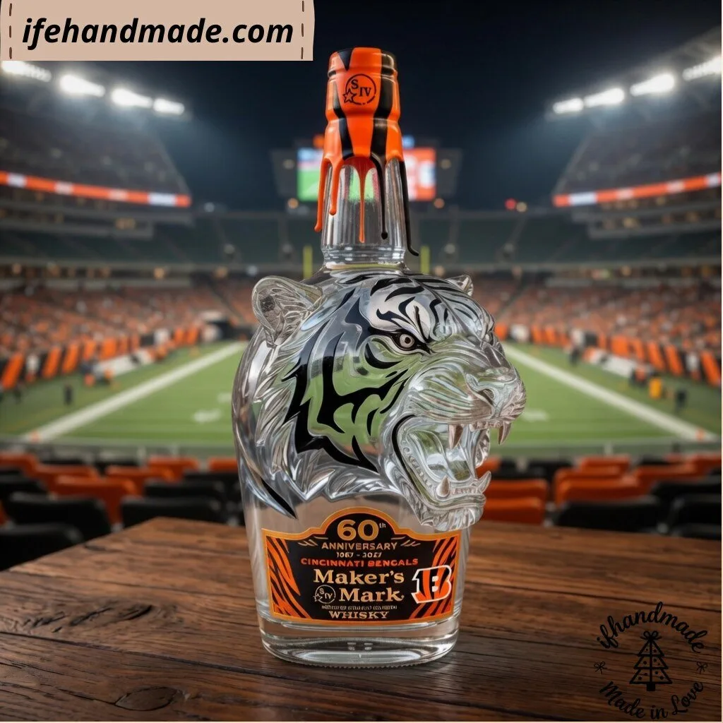 Cincinnati Bengals Maker's Mark 60th Anniversary Tiger Head Glass Whiskey Decanter Bottle 11 Cincinnati Bengals Maker