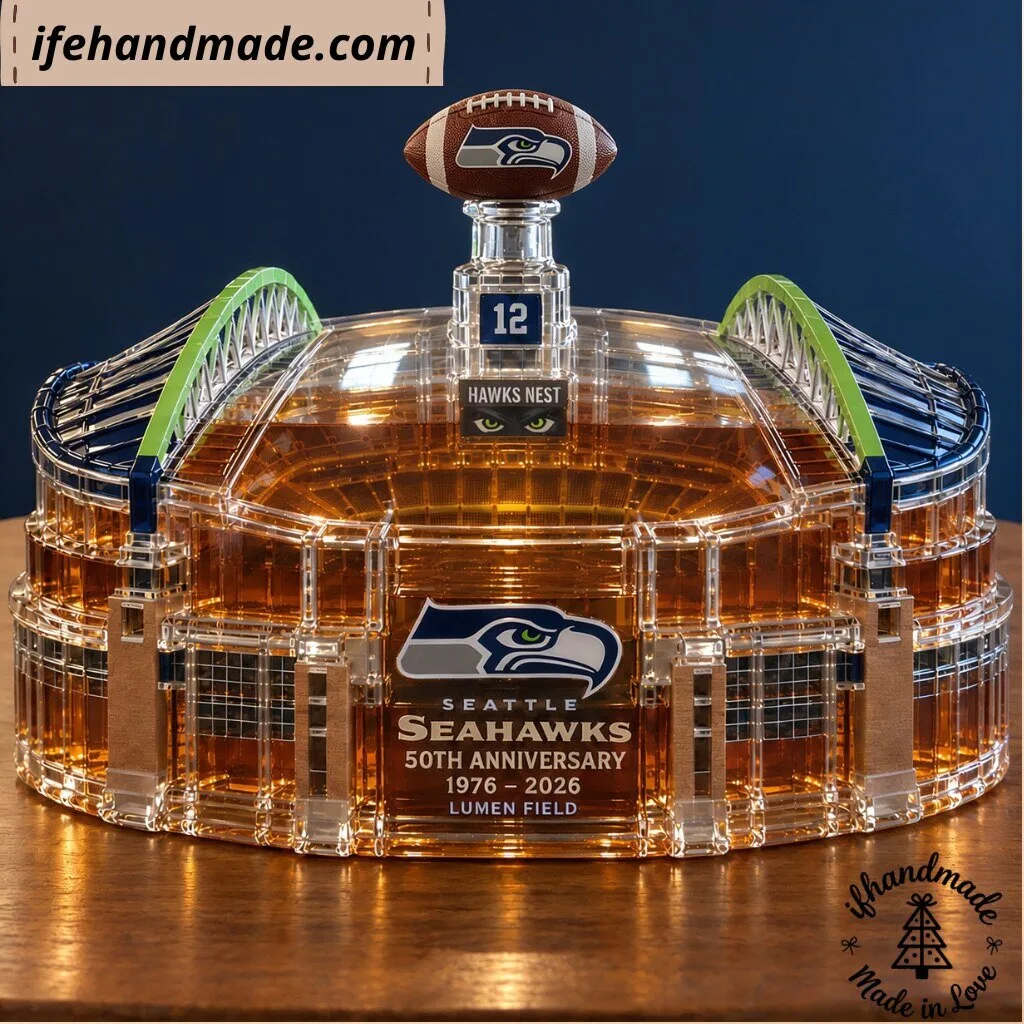 Seattle Seahawks 50th Anniversary 1976-2026 Lumen Field Glass Whiskey Decanter 4 Seattle Seahawks 50th Anniversary 1976-2026 Lumen Field Glass Whiskey Decanter
