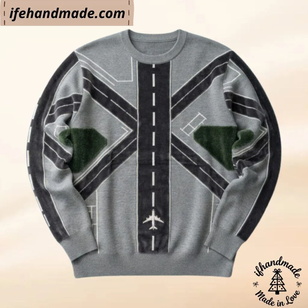 Airport Runway Knit Sweater - Novelty Airplane Graphic Crewneck Pullover