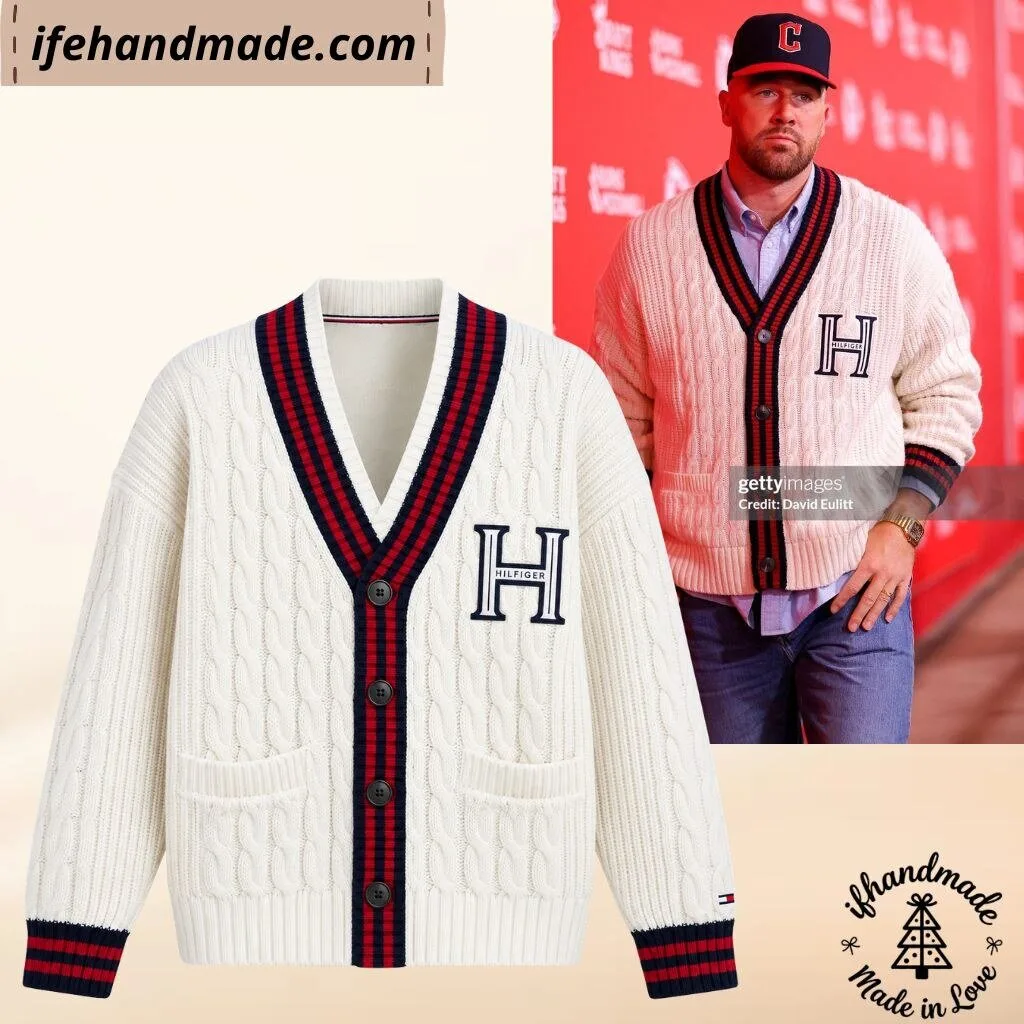 Jason Kelce Tommy Hilfiger Cable Knit Wool-Blend Letterman Cardigan