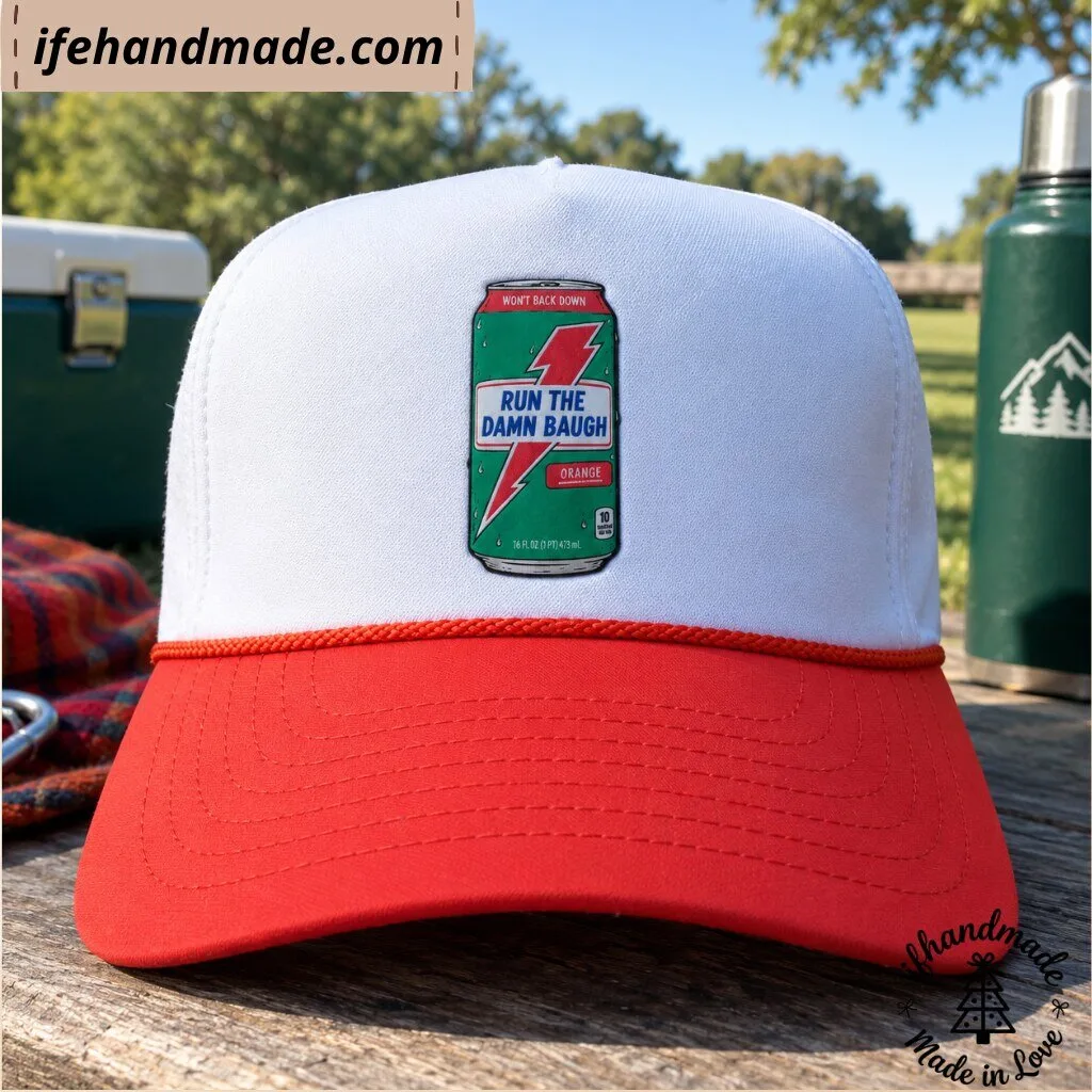 Run The Damn Baugh Trucker Hat - Orange Energy Can Mesh Snapback Cap
