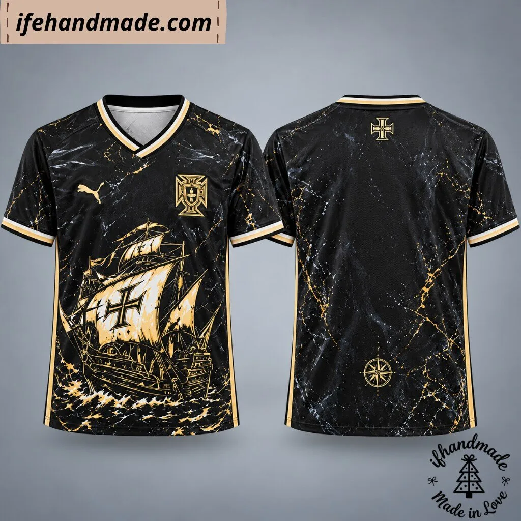 Portugal Black Marble Sailing Ship Football Soccer Jersey