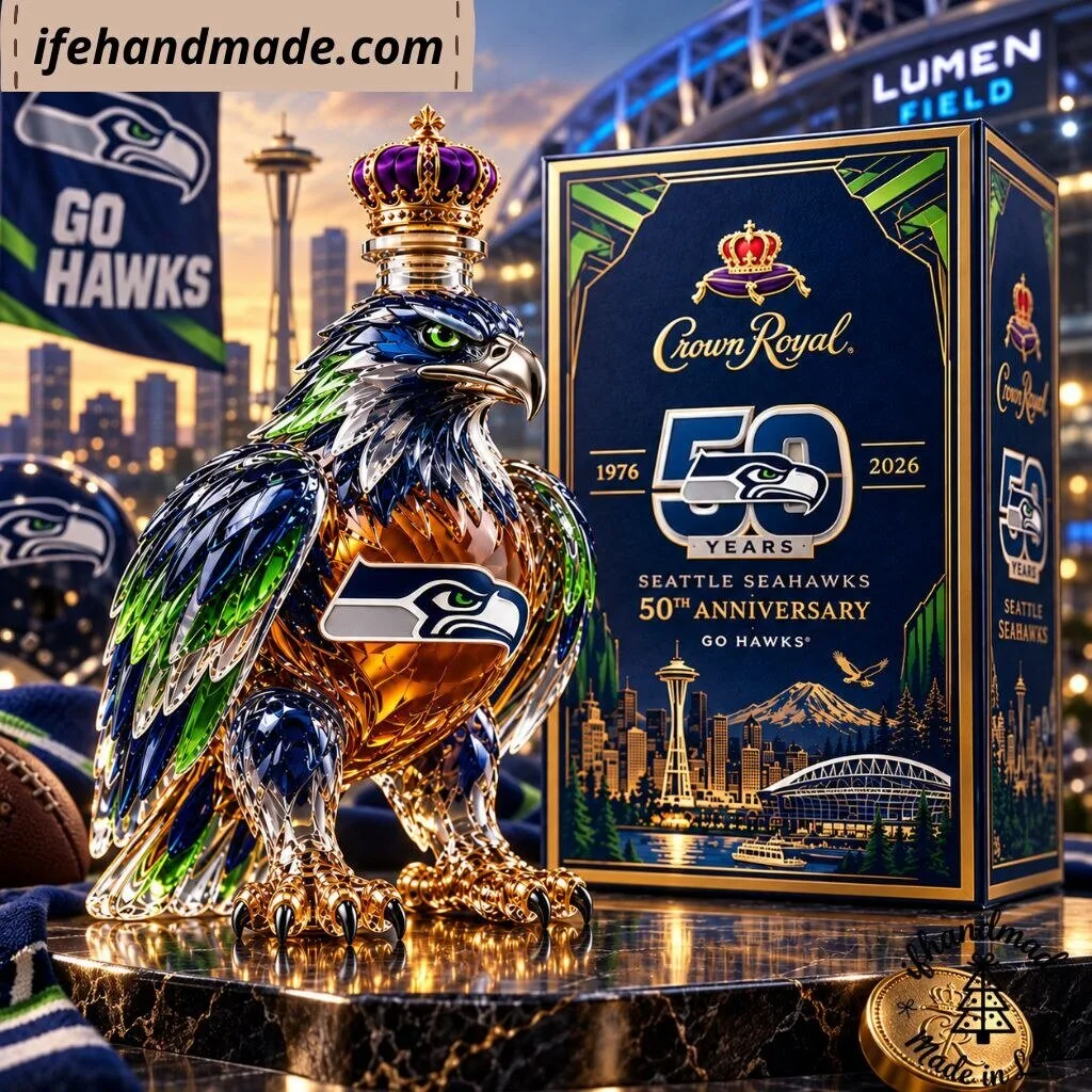 Seattle Seahawks Crown Royal Decanter - 50th Anniversary Hawk Glass Bottle 7 Seattle Seahawks Crown Royal Decanter - 50th Anniversary Hawk Glass Bottle