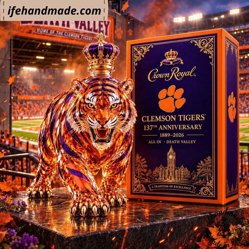 Clemson Tigers Crown Royal Decanter - 137th Anniversary Tiger Glass Bottle 3 Clemson Tigers Crown Royal Decanter - 137th Anniversary Tiger Glass Bottle