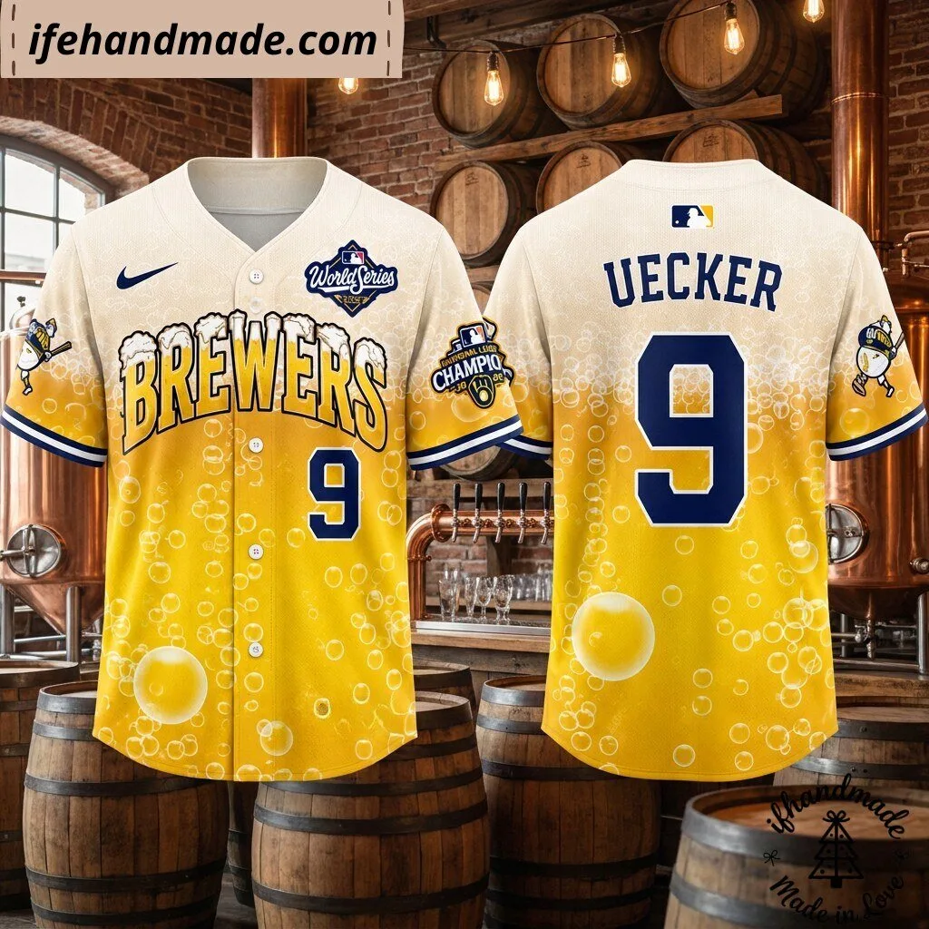 Milwaukee Brewers Bob Uecker #9 Baseball Jersey - Beer Graphic World Series Shirt