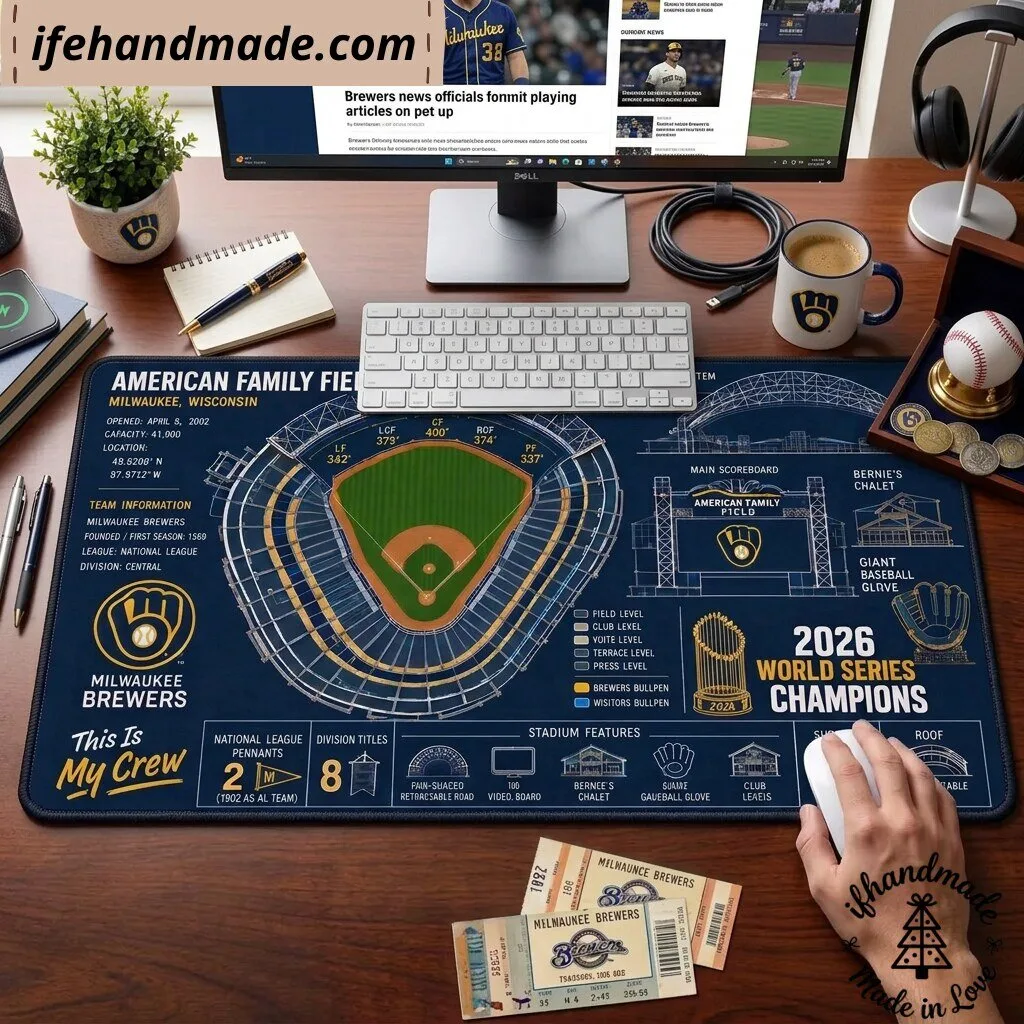 Milwaukee Brewers World Series Champions Mouse Mat - American Family Field Stadium Blueprint Mouse Mat