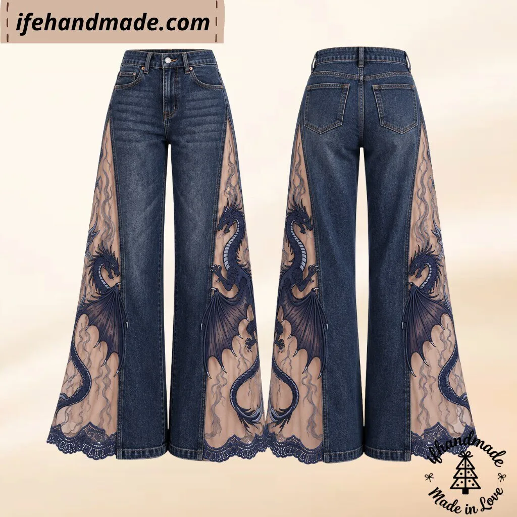 Gothic Dragon Mesh Flare Jeans - Vintage Wide Leg Denim Pants 7 Gothic Dragon Mesh Flare Jeans - Vintage Wide Leg Denim Pants