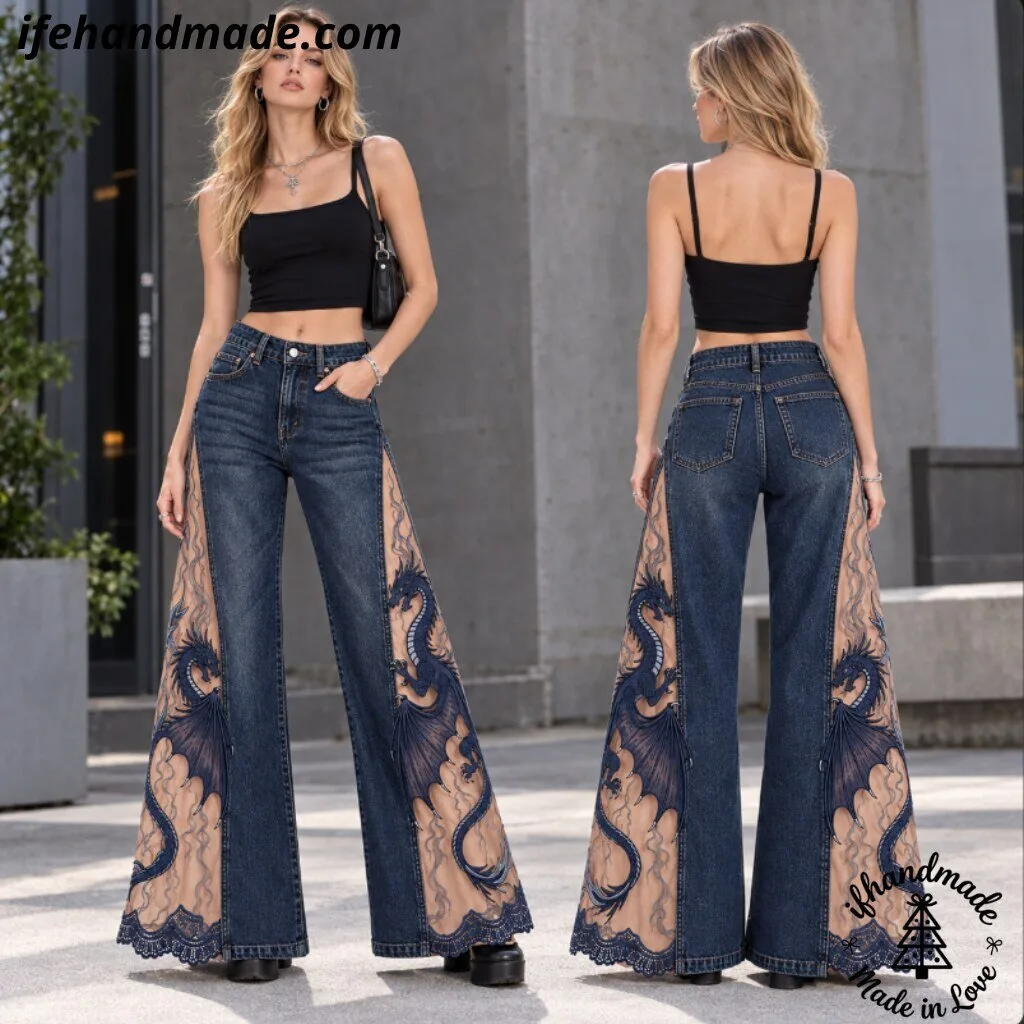 Gothic Dragon Mesh Flare Jeans - Vintage Wide Leg Denim Pants 9 Gothic Dragon Mesh Flare Jeans - Vintage Wide Leg Denim Pants