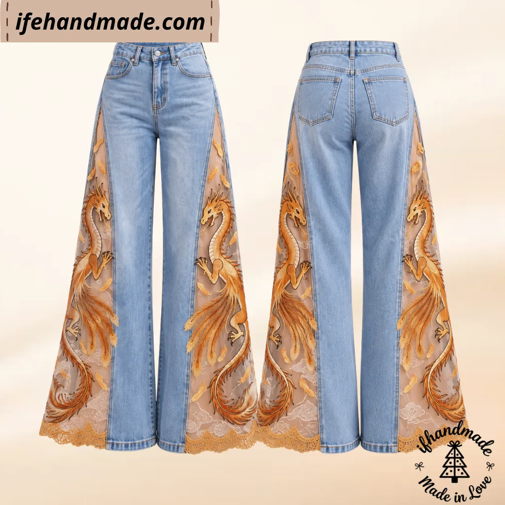 Golden Dragon Mesh Flare Jeans - Vintage Light Wash Wide Leg Denim Pants 3 Gothic Dragon Mesh Flare Jeans – Vintage Wide Leg Denim Pants