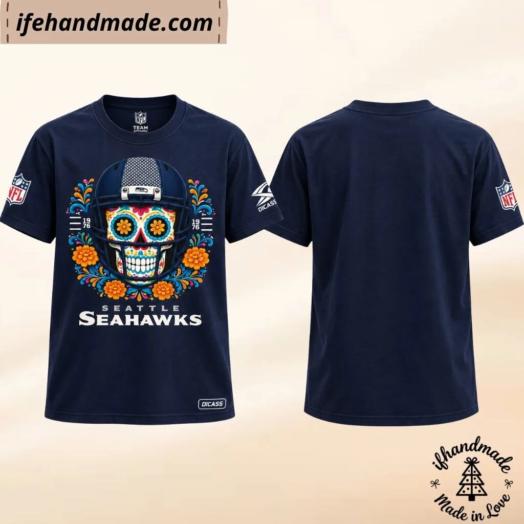 NFL Seattle Seahawks x Día de Muertos (Day of the Dead) Sugar Skull Graphic Shirt.