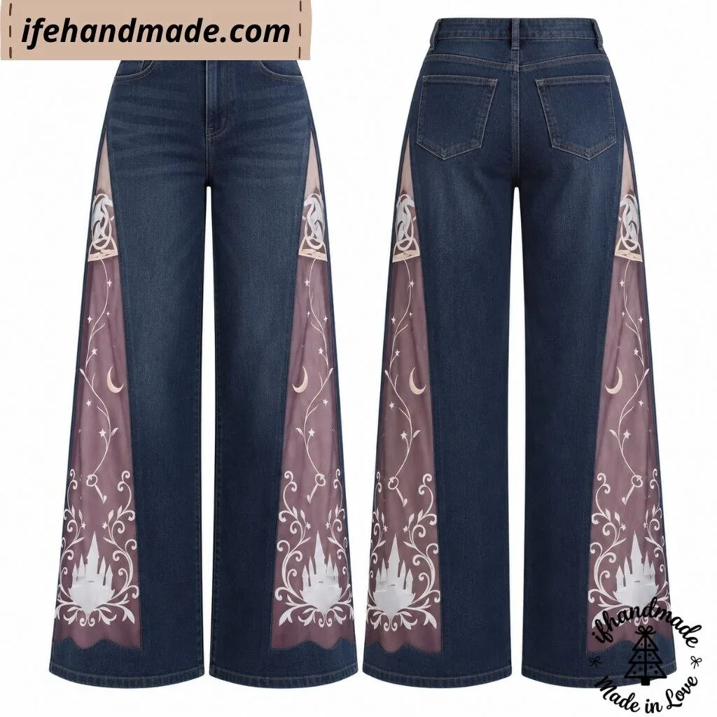 Gothic Fairy Tale Castle Printed Wide Leg Jeans - Vintage Mesh Patchwork Denim Pants