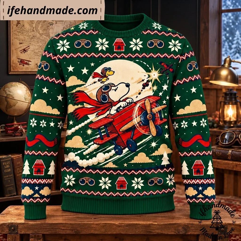 Snoopy Flying Ace Christmas Ugly Sweater - Peanuts Green Holiday Sweatshirt