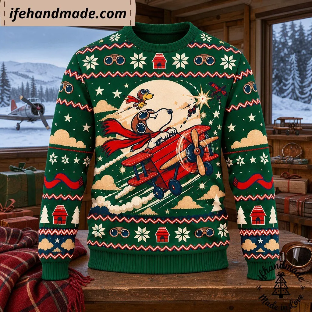 Snoopy Flying Ace Christmas Ugly Sweater - Peanuts Green Holiday Sweatshirt 11 Snoopy Flying Ace Christmas Ugly Sweater - Peanuts Green Holiday Sweatshirt