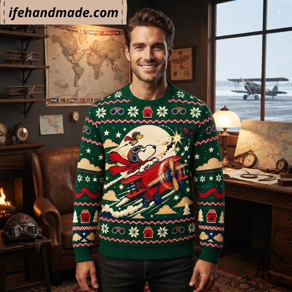 Snoopy Flying Ace Christmas Ugly Sweater - Peanuts Green Holiday Sweatshirt 12 Snoopy Flying Ace Christmas Ugly Sweater - Peanuts Green Holiday Sweatshirt