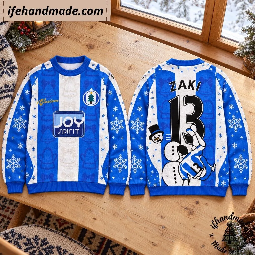 Zaki 13 Ugly Christmas Sweater - Blue & White Striped Football Holiday Knitted  Sweater