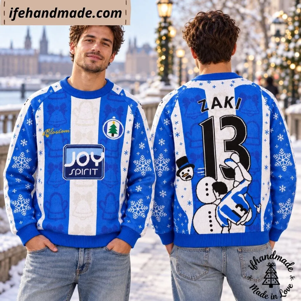 Zaki 13 Ugly Christmas Sweater - Blue & White Striped Football Holiday Knitted Sweater 8 Zaki 13 Ugly Christmas Sweater - Blue & White Striped Football Holiday Knitted Sweater