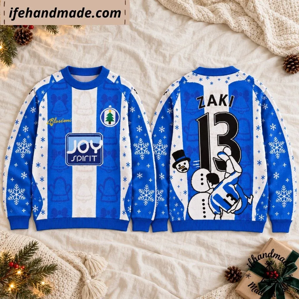 Zaki 13 Ugly Christmas Sweater - Blue & White Striped Football Holiday Knitted Sweater 9 Zaki 13 Ugly Christmas Sweater - Blue & White Striped Football Holiday Knitted Sweater
