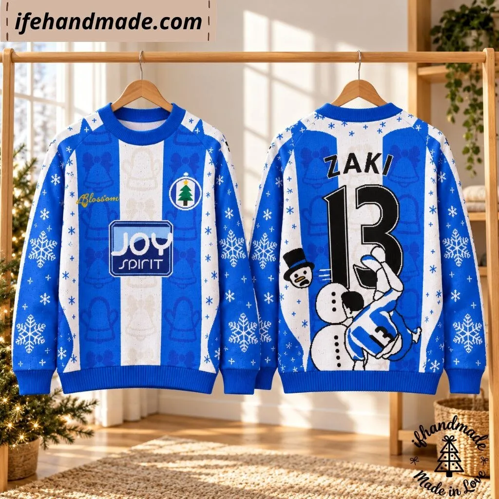 Zaki 13 Ugly Christmas Sweater - Blue & White Striped Football Holiday Knitted Sweater 11 Zaki 13 Ugly Christmas Sweater - Blue & White Striped Football Holiday Knitted Sweater